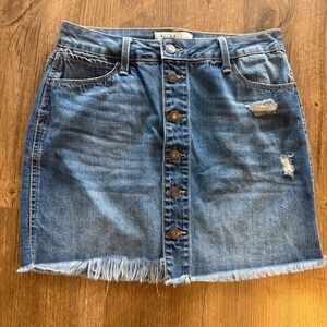 Mudd Denim Mini Skirt Blue Button Front Distressed Raw Hem Boho Juniors Size 7